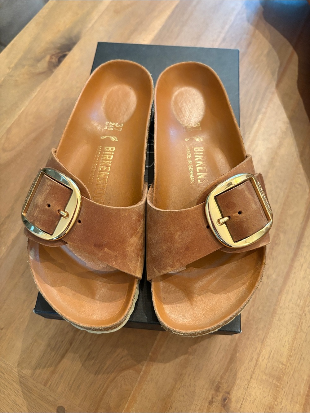 Birkenstock Women’s Brown Madrid Slide Sandals with Gold Buckles